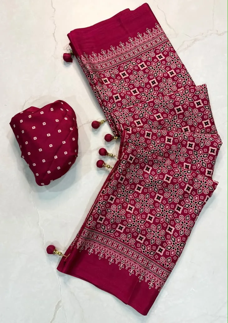 Tew Pure Creap Gajji Silk Ajrakh Printed Saree